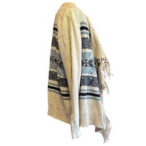 Womens Sweater Size XL Cream Blue Western Boho Cowgirl Fringe Work Sweater